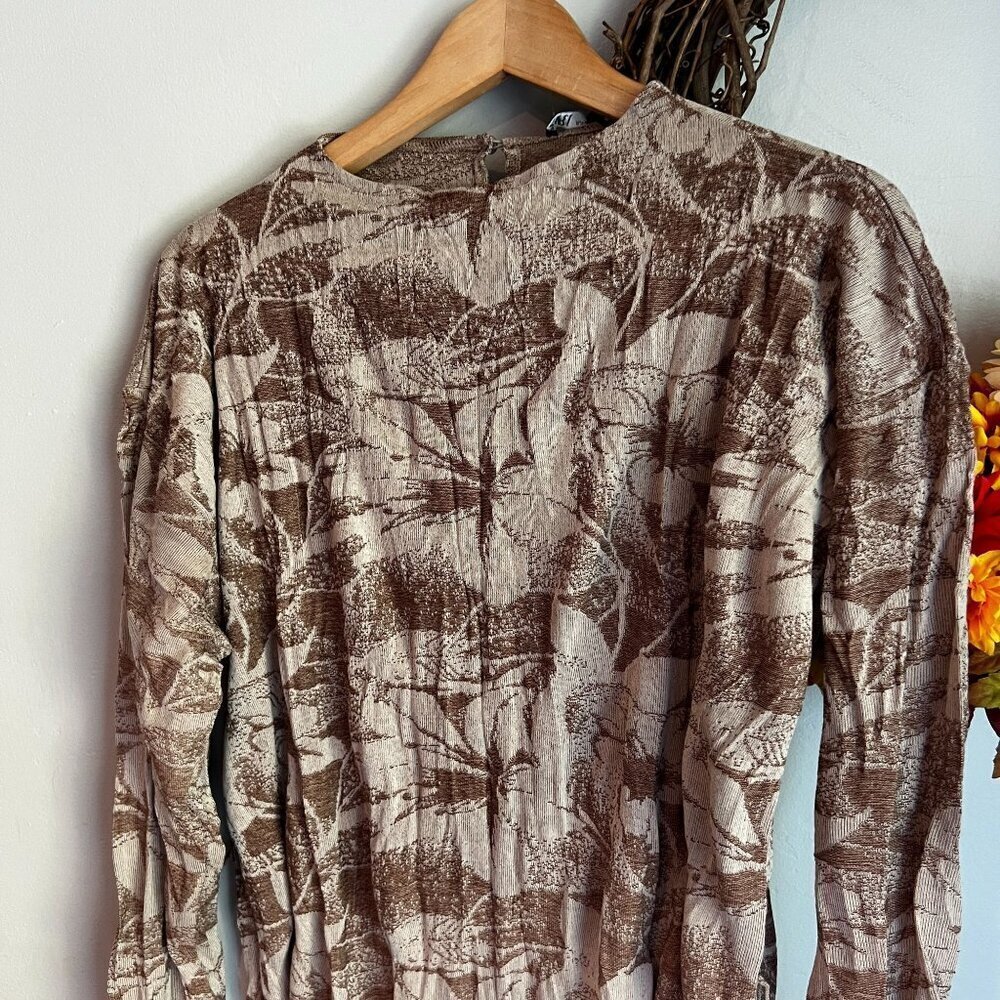 Zara Taupe Brown Abstract Leaf Print Midi Dress Mock Neck Boho Crinkle MEDIUM - Picture 3 of 12